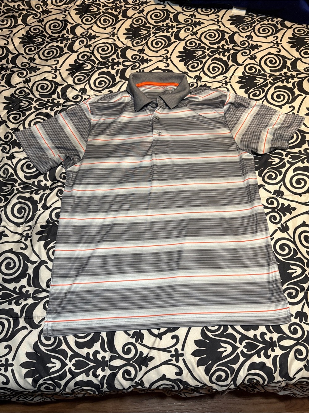 Gray Striped Polo with Subtle Orange Accent